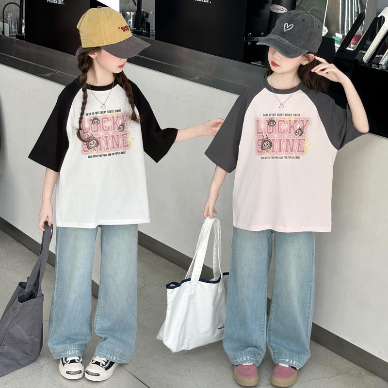 Girls' Short Sleeved Summer New Style Slimming Color Blocked Medium and Large Children's Stylish T-shirt Fashionable Pure Cotton Top