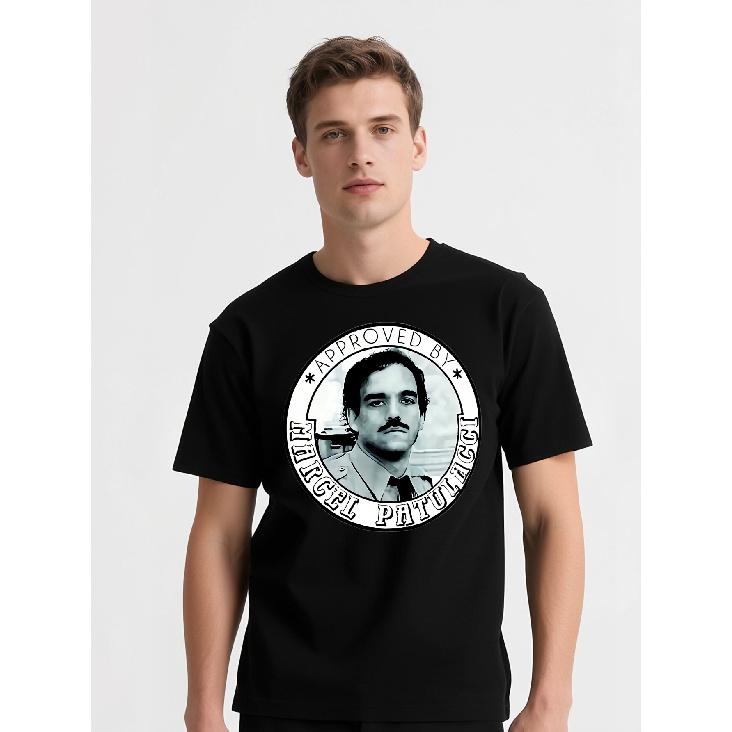 Men s black short-sleeve crew neck tee with vintage Marcel Patulacci portrait graphic, soft cotton feel, relaxed fit for casual streetwear S чёрный