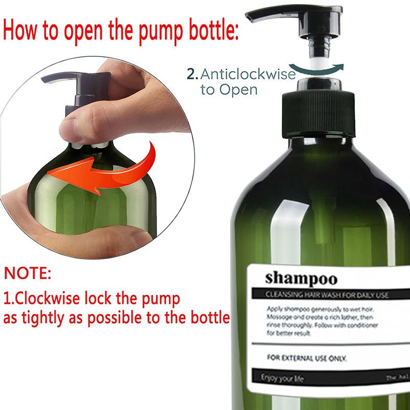 3er-Pack, 500 ml, nachfüllbarer Badezimmer-Flüssigseifenspender mit Pumpe, brauner/grüner Shampoo- und Conditioner-Spender mit 8 Etiketten