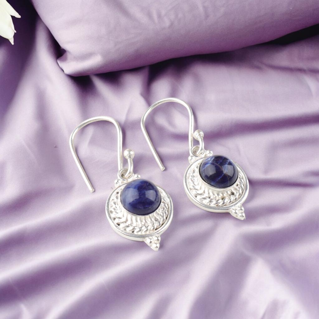 Natural Sodalite Gemstone 925 Sterling Silver Jewelry Handcrafted Earrings 1.43" EE-117-23