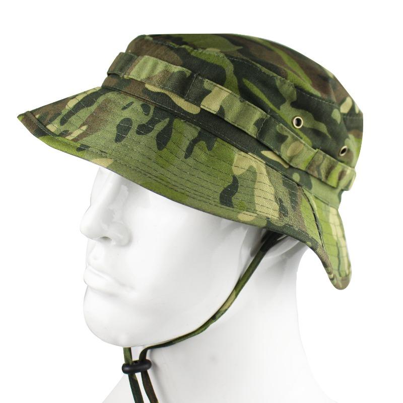 Cappello a secchiello mimetico tattico con visiera corta e tesa rotonda, cappello da pescatore mimetico stile militare, cappello da sole per escursionismo, caccia e attività all'aperto