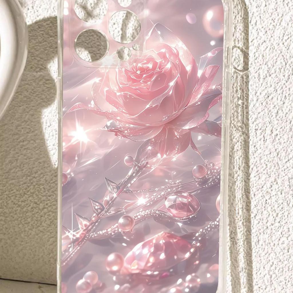 Pink Rose Anti-Drop Transparent Case for iPhone 14/15/16/17 Pro Max