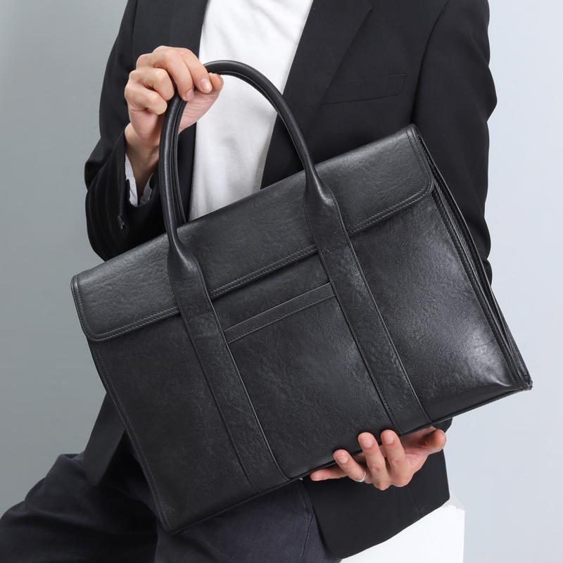 Men's Casual Genuine Leather Briefcase - Large Capacity, Expandable Business Handbag In Top Layer Cowhide.
