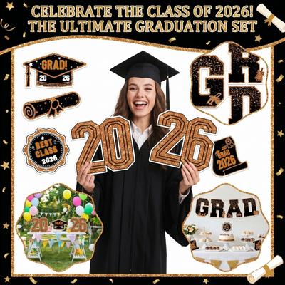 2026 Graduation Decorations, Patio Signs With Stands, 2026 Glittering Plastic Patio Signs For College Graduation Parties