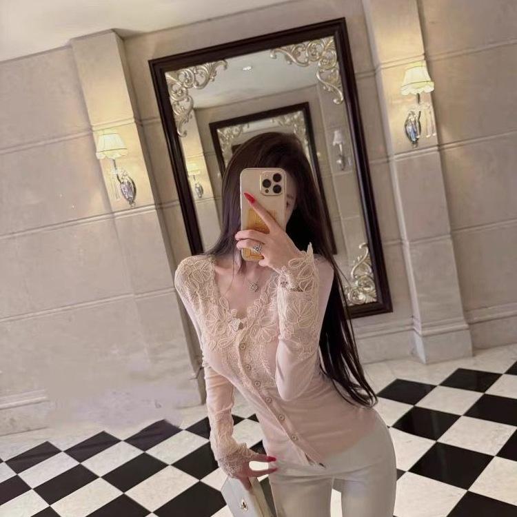 Autumn/Winter Elegant Patchwork Lace Long-Sleeve Slimming Top
