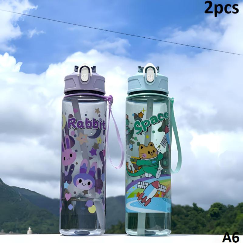 790Ml Cartoon Cat Rabbit Plastic Water Bottle Straw Cup With Carry Handle Portable Suitable For Outdoor Travel And School Use