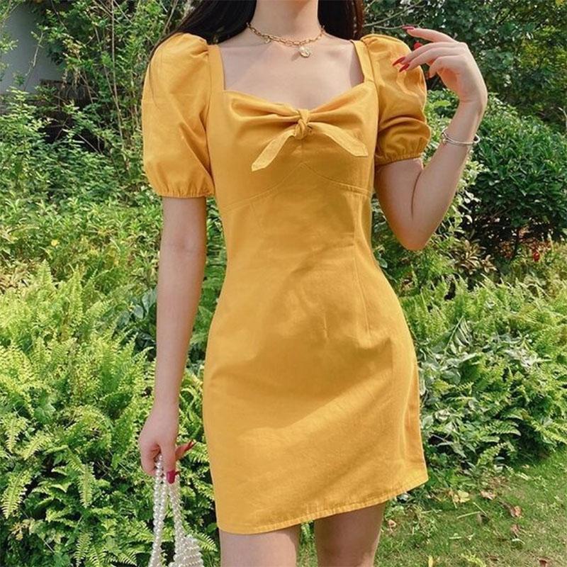 

Однотонное платье с рукавами-фонариками и бантом, сексуальное, с квадратным вырезом, облегающее, для женщин S оранжевый