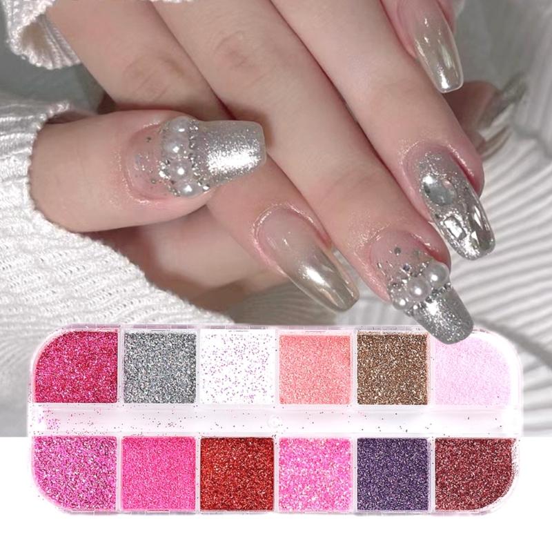 6/12Color Diamond Nail Powder Sparkling Nail Glitter Dust Shining Flakes for Acrylic Nail Polish DIY Nail Art Decoration