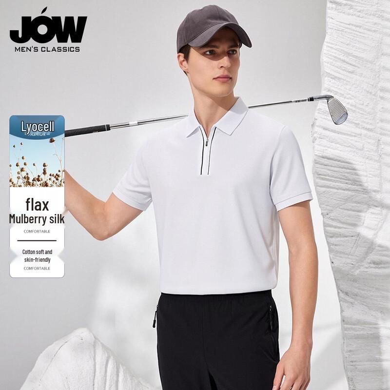 JOW Men s Light Luxury Zip Collar Cotton-Linen Blend Polo Shirt with Silk 2XL/54