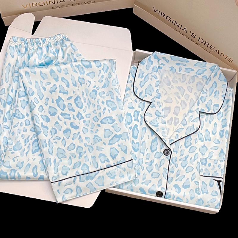 Pyjama Set met Luipaardprint voor Dames Idyllische Stijl Lange Mouw Broek Vrouw Lounge Herfst Winter Cartoon Nachtkleding