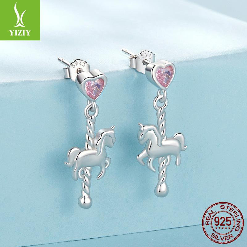 Carousel Stud Earrings For Women, Personalized Love Pony S925 Sterling Silver Fun Earrings Earrings