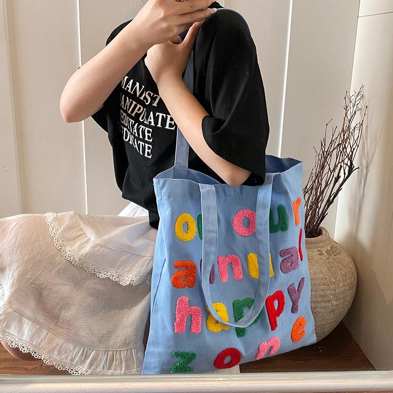 2025 New Shoulder Canvas Bag Ins Style Versatile Tote Bag Casual Commuting Simple Embroidered Letter Big Bag