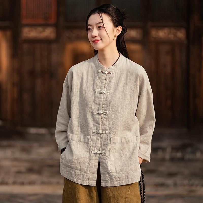 Johnature Women Vintage Stand Shirts Solid Color Long Sleeve Tops Spring Button Pockets Loose Women Shirts