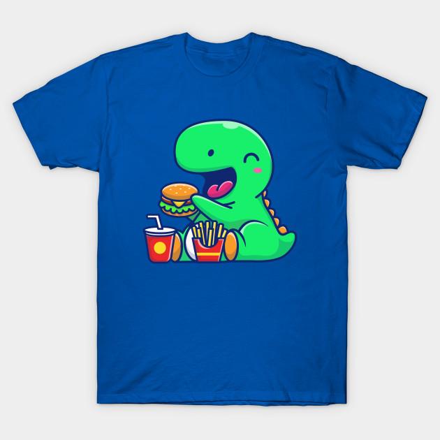 Men Black Print T-shirt Cute Dinosaur Eating Burger, French Fries And Drink Cartoon No-Cut Transfer Paper Print Cotton Tshirt XL