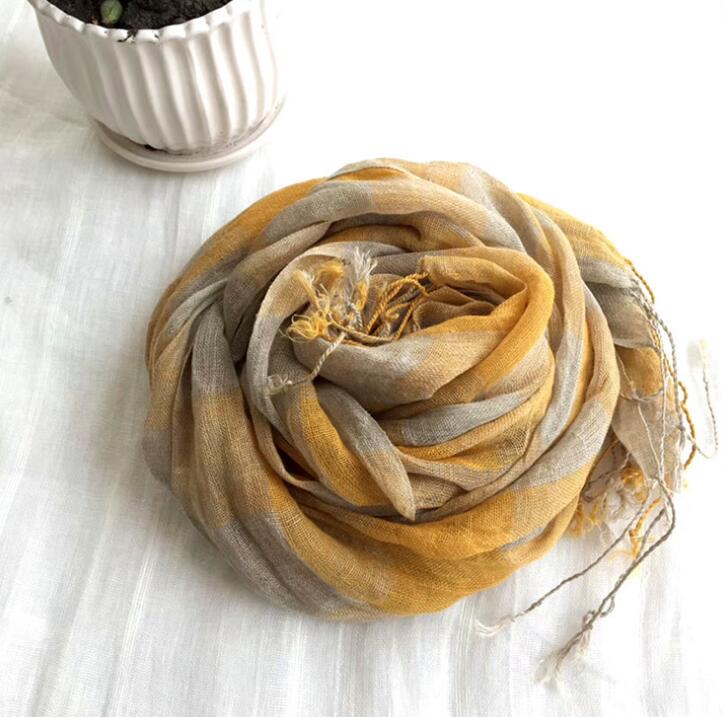 100% Linen Plaid Contrast Tassels Linen Men/Women Yellow Scarves Woman Spring Scarf Pashmina Shawls Wraps Head Scarf Bandanas