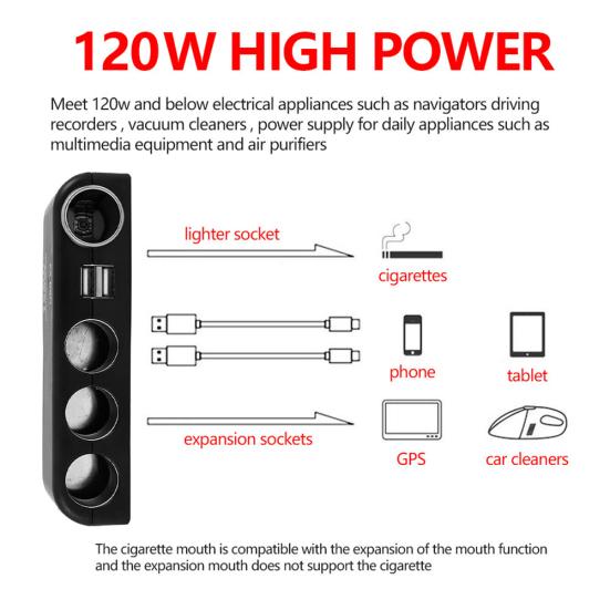 120W 4 Way Socket Car Lighter Splitter Dual USB Charger Power Adapter