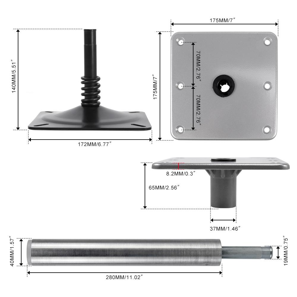 Boat Seat and Pedestal Mount Package 3 Piece Kit with 7" x 7" Marine Boat Pedestal Base & 3/4" Boat Seat Swivel Pedestal Post