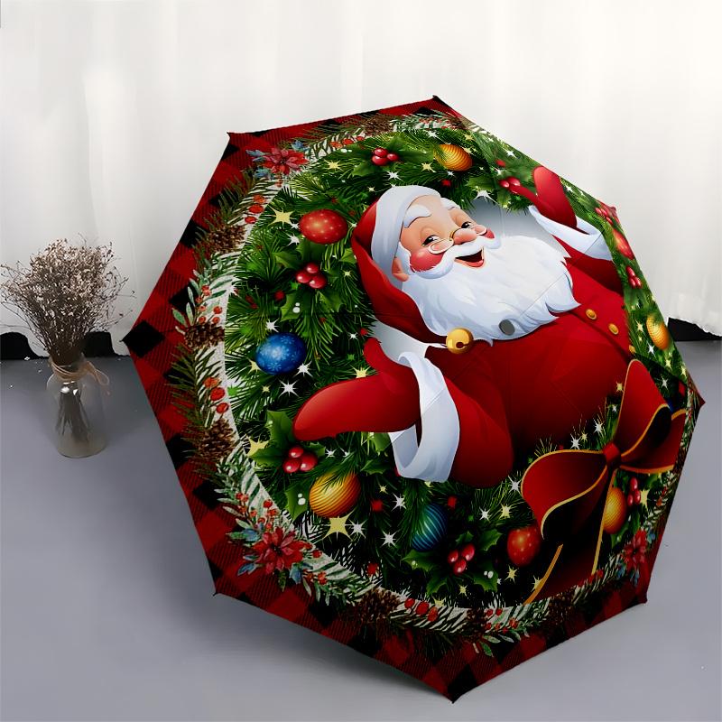 Christmas Santa Claus Umbrella, Portable 3-Fold Compact Umbrella,Christmas Gift ES425