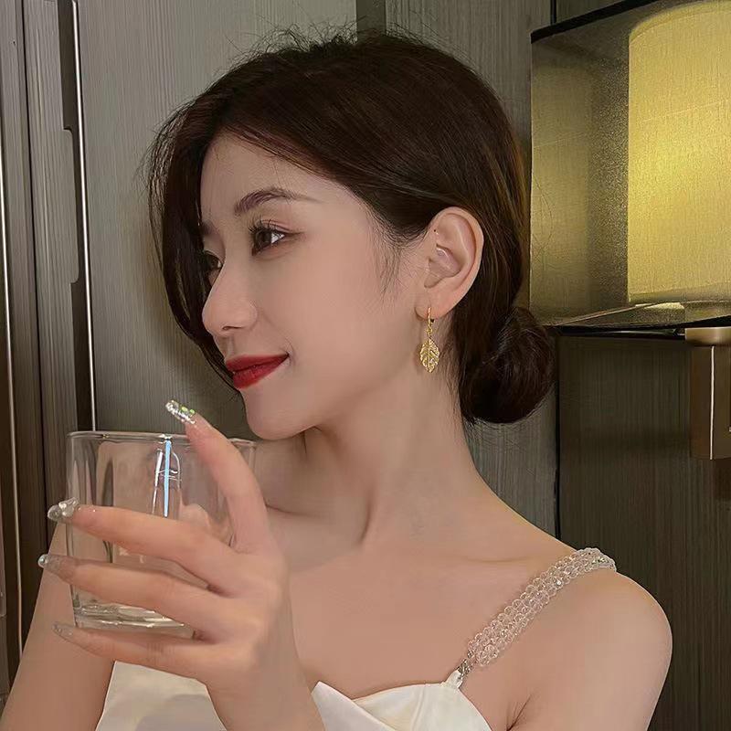 Golden Leaf Earrings: Women's Fashion Micro-Inlaid Zircon Earrings with Jade-Like Leaves