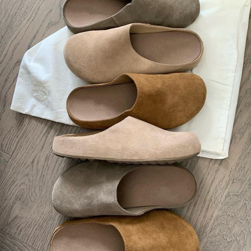 Autumn leather row wind soft face lazy one pedal thick-soled big head half slippers woman