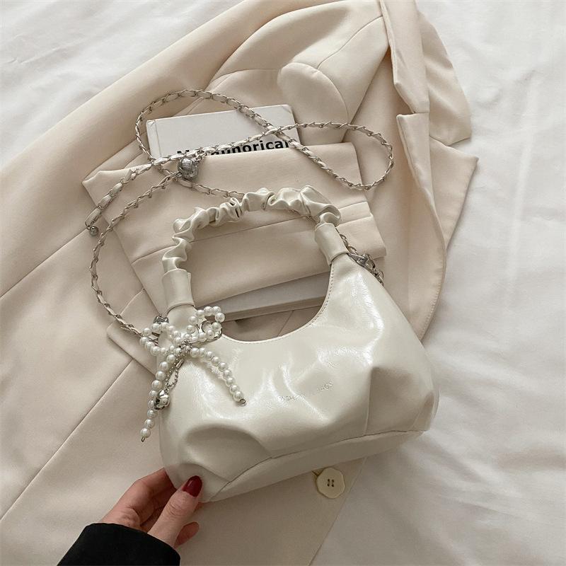 2025 New Fashion Temperament Single Shoulder Bow Messenger Bag Simple Trend Chain Pleated Bag Women's High Sense