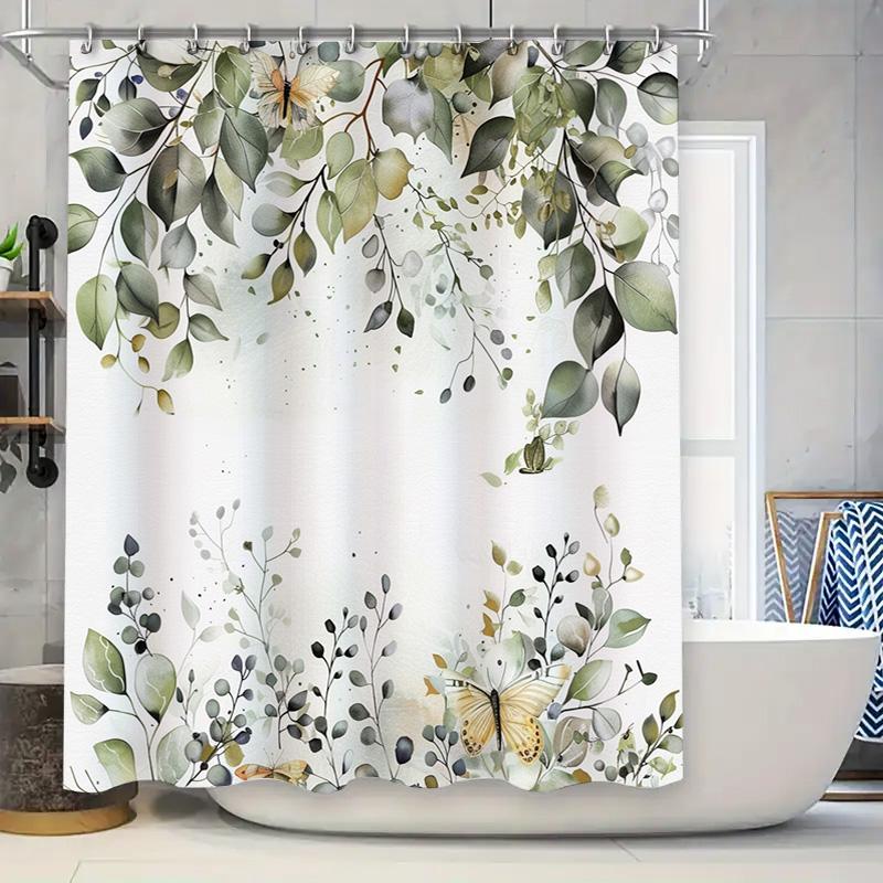 Elegant Green Leaf and Butterfly Shower Curtain for Bathroom Decoration - Waterproof and Durable Design for Stylish Home Upgrade