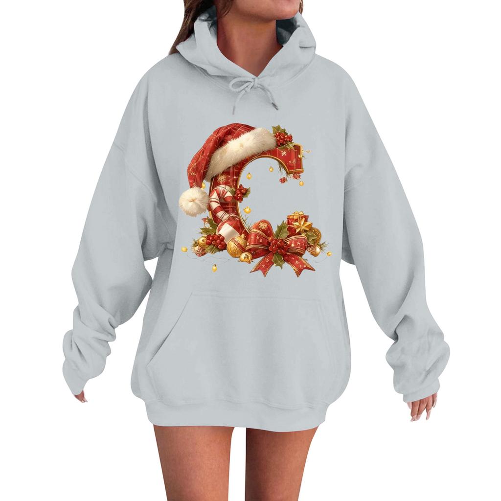Women's Casual Comfortable Long-Sleeved Christmas Letter-Printed Warm Hooded Crew-Neck Sweatshirt