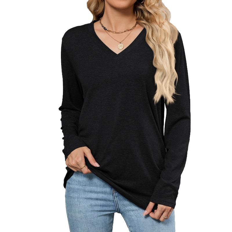 Autumn New Casual Pullover V-neck Solid Color Loose Long-sleeved T-shirt Top