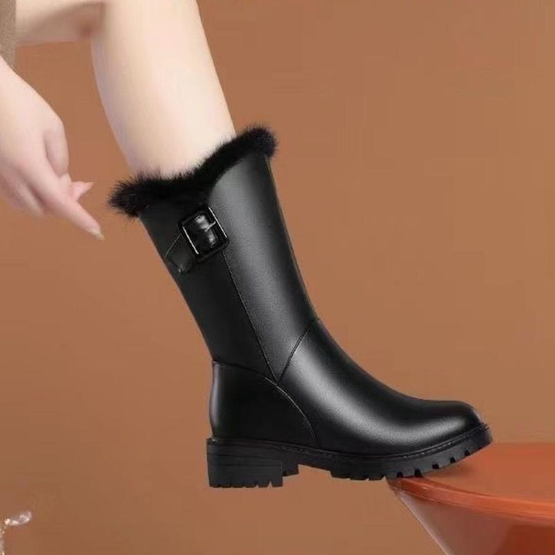 Black Round Toe Fleece-Lined Middle Heel Women's Half High Boots Autumn Winter Designer Luxury Gothic Warm Ladies Mid Calf Shoes