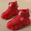Winter Rote Damen Stiefeletten Mit Fell Plateau Hoher Schaft Damen Schuhe Dicke Sohle Leder Damen Schneestiefel Bling Damen Freizeitschuh
