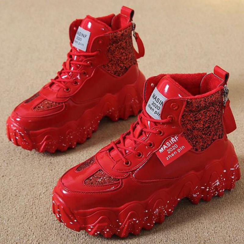 Winter Red Women Ankle Boots With Fur Platform High Top Women Shoes Thick Sole Leather Women Snow Boots Bling Ladies Casual Shoe