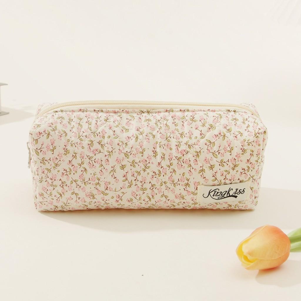 Cute Floral Cotton Pen Pouch Makeup Bag Travel Organizer With Stitching Red/yellow/pink
