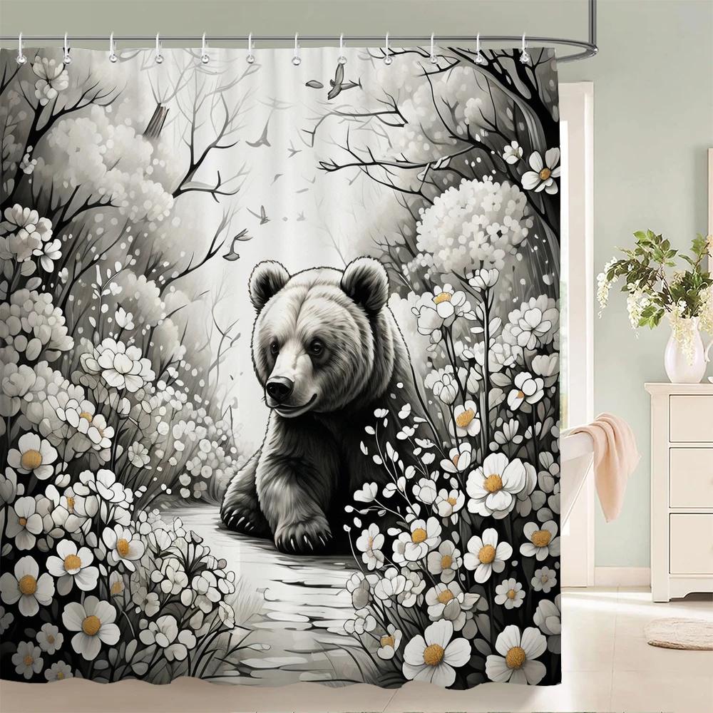 Floral Summer Shower Curtain Cat and Dog Animals Fabric Shower Curtains for Rustic Bathroom Decor Spring Plant Shower Curtain