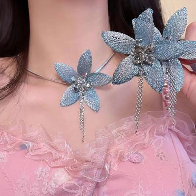 Exquisite Pink Lace Flower Necklace & Tassel Earrings Set