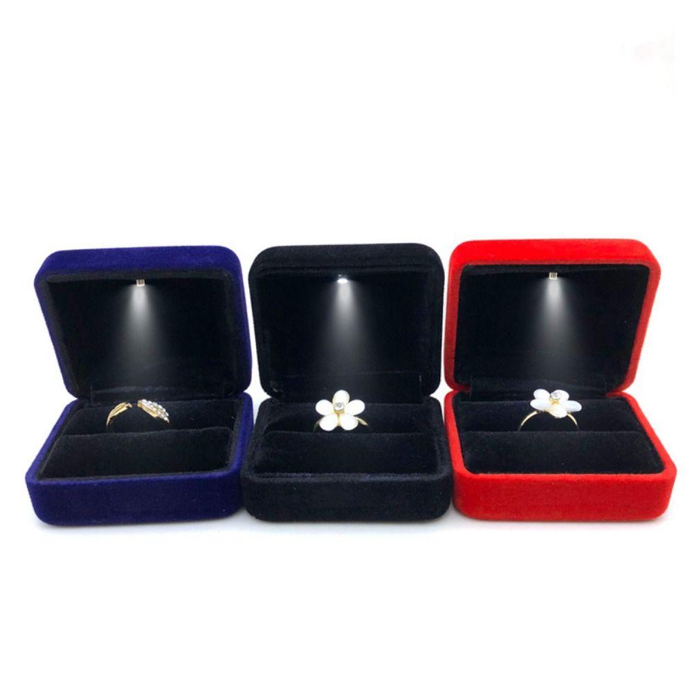 Velvet Ring Holder Case Square Shape LED Light Ring Display Case Birthday Gift