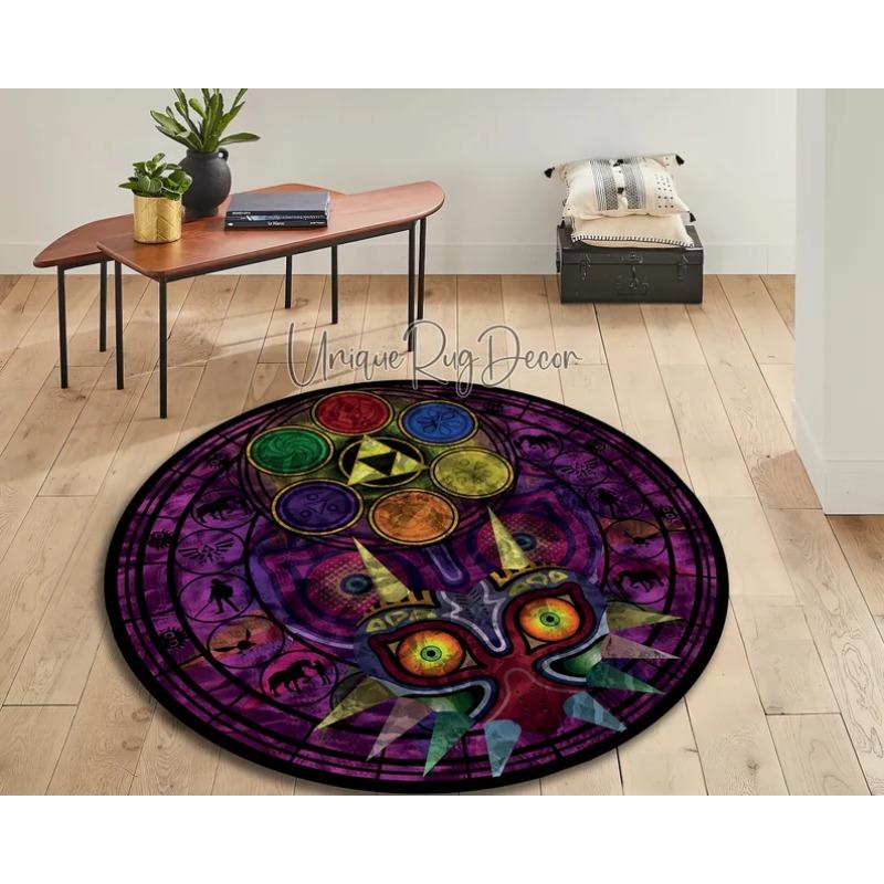 Zelda Symbol Round Rug Retro Style Game Room Carpet for Living Room Gaming Decor Zelda Majora’s Mask Rug Gift for Gamer