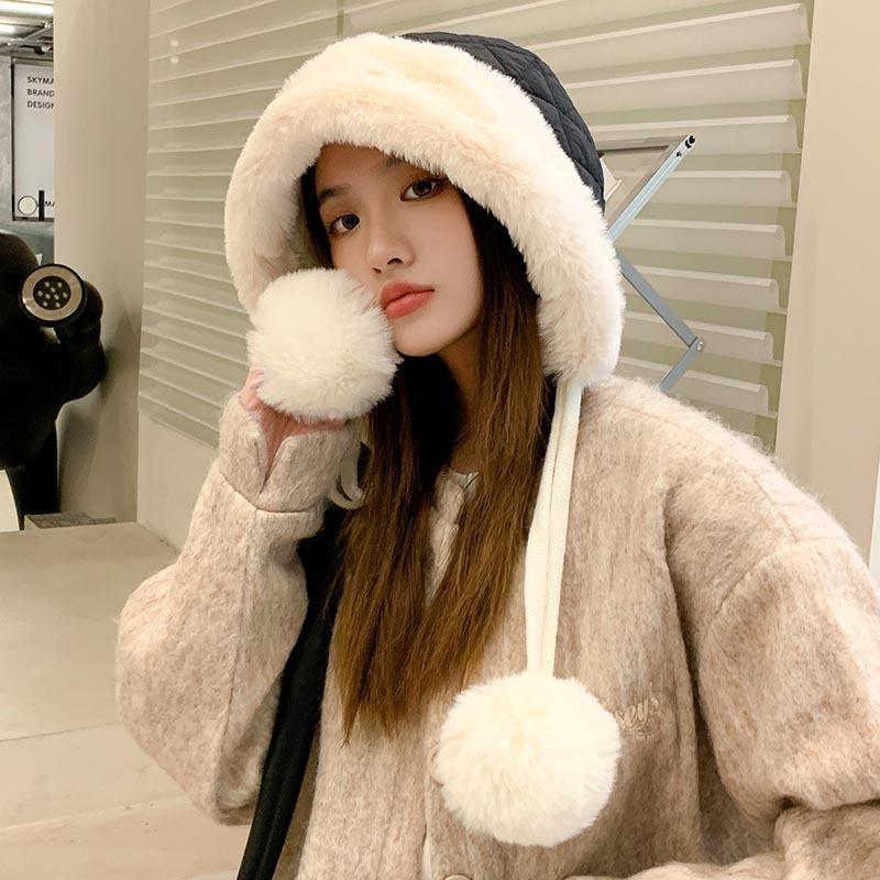 Bonnet pull-over d'hiver pour femme, chaud et protège-oreilles, bonnet de neige chaud et coupe-vent pour le cyclisme, en polaire épaissie