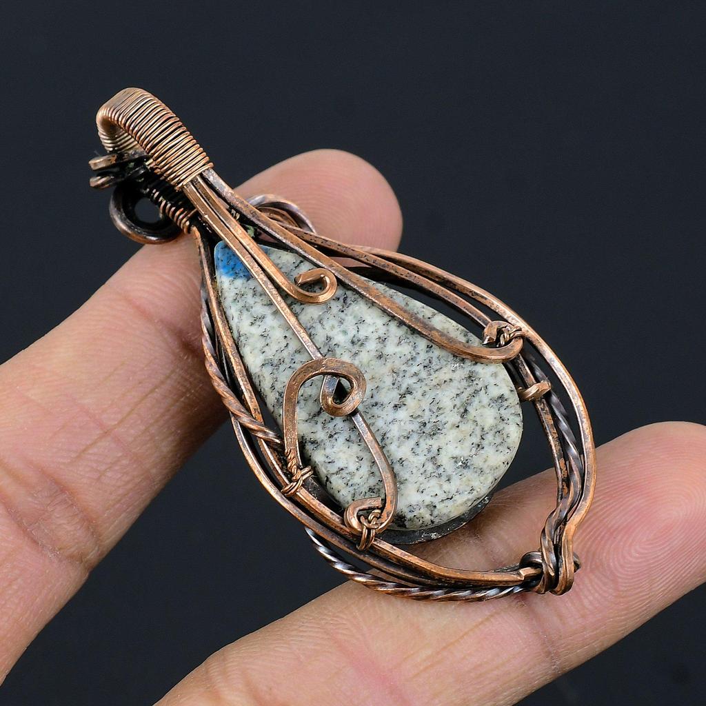 K2 Azurite Pendant Gemstone Jewelry, 999 Copper Wire Wrapped Pendant, Handmade Jewelry Birthstone Pendant, Gift For Him
