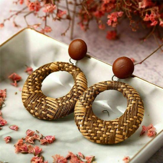 Wood Earrings Jewelry Bamboo Dangle Geometric Rattan Circle Women 2024 Fashion