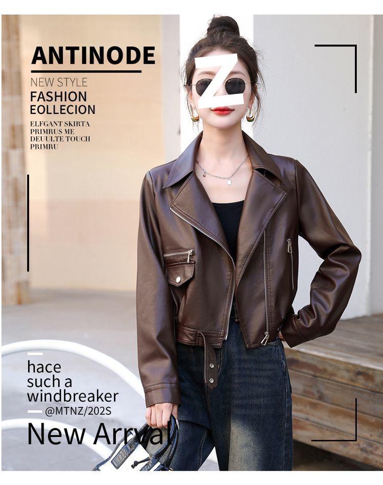 2025 Women's Petite PU Leather Short Motorcycle Jacket, Spring/Autumn Casual Style with Suit Collar.
