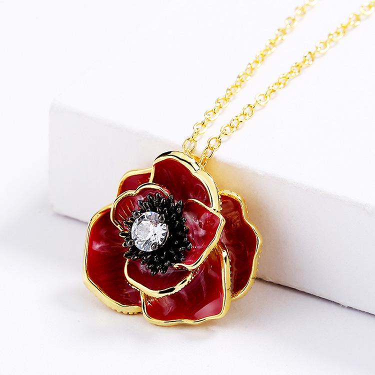 Exquisite Rote Epoxidblume Anhänger Damen Handgefertigt Emaille Halskette Pulloverkette Damenschmuck