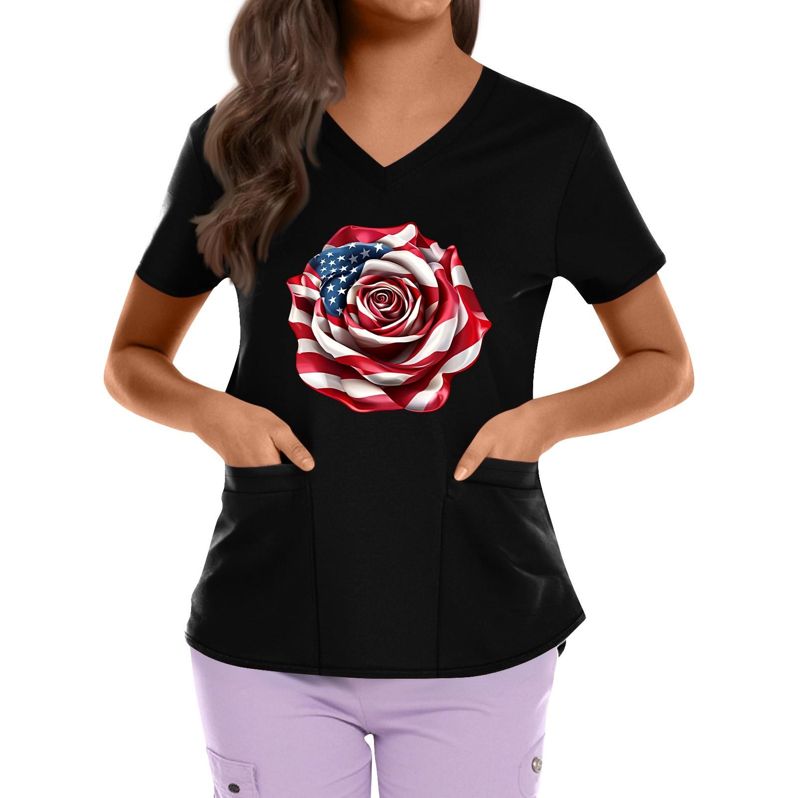 

Plus Size Printed Scrub Working Uniform Tops For Women s Cross V Neck Independence Day Print Short Sleeve Fun T-Shirts Workwear Tee With Pockets M чёрный