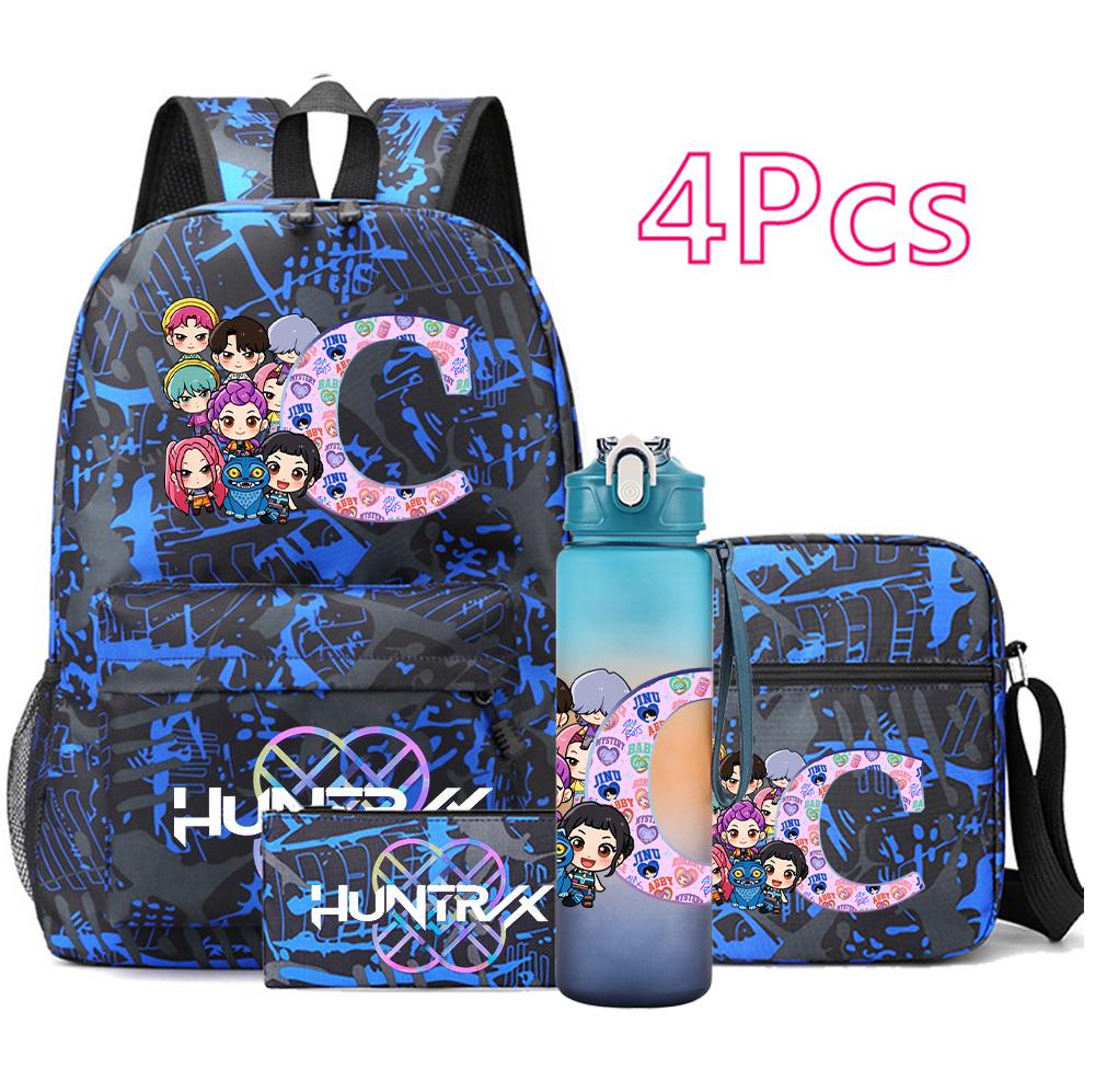 4Pcs/set 26 English Letter Printed Backpack Large Capacity Bookbag Shoulder Bag Case Bag with 750ml Water Bottler Boy Girl Waterproof SchoolBag Gift