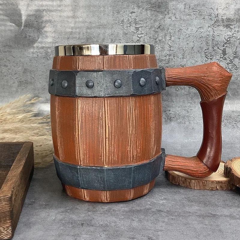 Viking Vintage Oak Barrel Beer Mug Stein with Stainless Steel Liner Coffee Cup Tea Mug Large Capacity Mug Pub Bar Party Gift