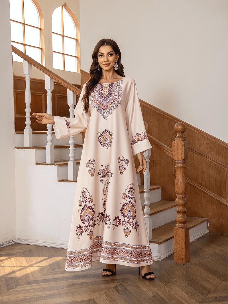 

ZD027 Cross-Border Muslim Dress: Round Neck, Printed, Beaded, Loose A-line Long Robe for Middle East, Europe, and America. Extra Large (XL) тілесний