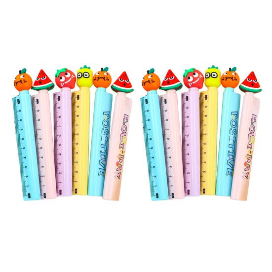 6/12Pcs Cartoon Fruit Gel Ruler 0.5MM Quick Drying Assorted Smooth Writing Pen with Multi-functional Writing Pen