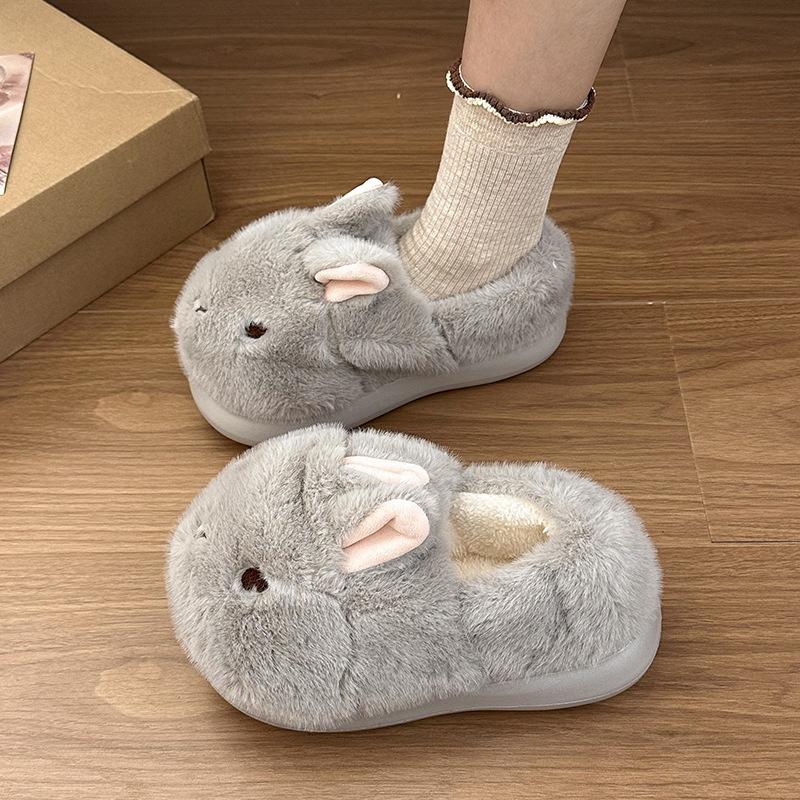 Cute Three-dimensional Rabbit Head Fluffy Slippers Women's Winter New Home Wear Velvet Warm and Comfortable Cotton Shoes