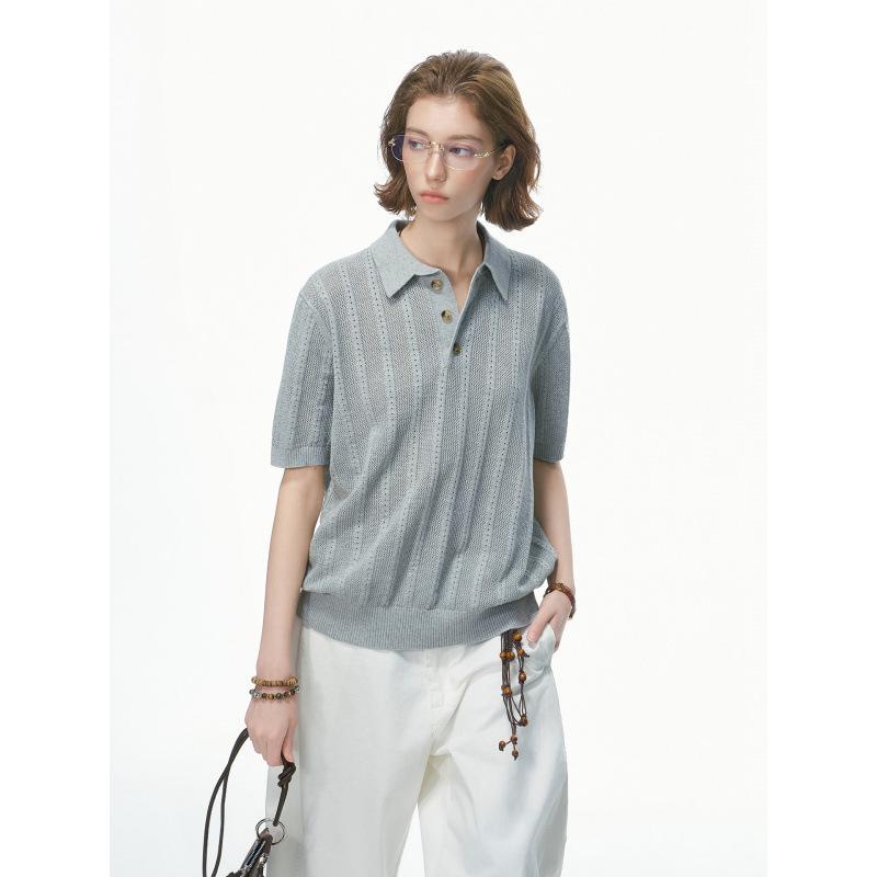 Men Vertical Hollow Knit Lapel Short Sleeve Polo Shirt M