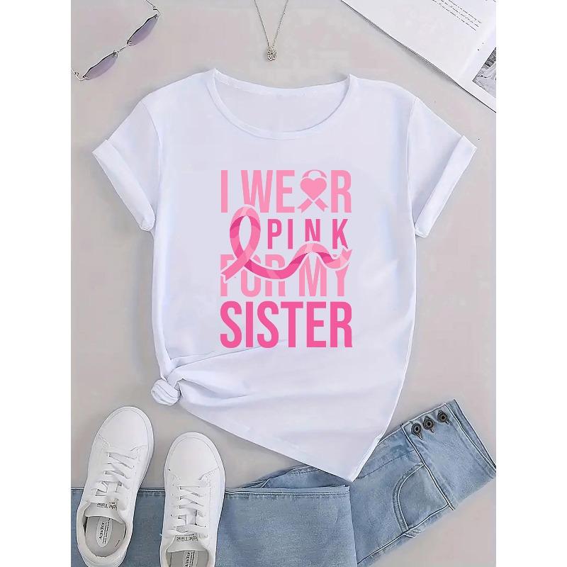 Women's Pink Breast Cancer Awareness Letter Print Tee Crew Neck Short Sleeve Casual Top