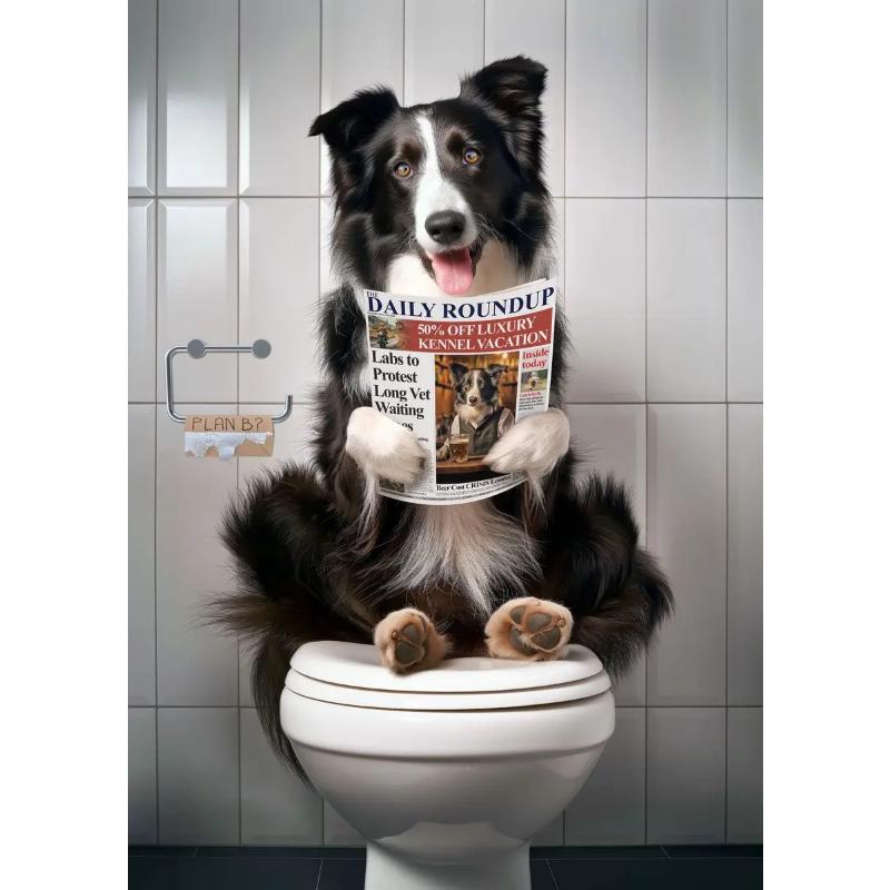 Modern Lion Dog Highland Sitting On Toilet Reading Newspaper Poster Funny Animal Print Canvas Painting Bathroom Decor Picture